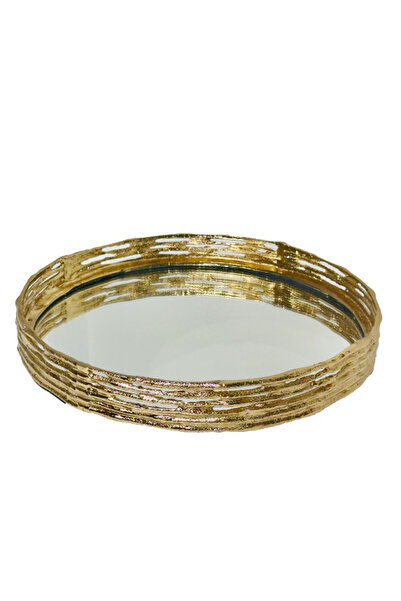 Lara Decor Gold Döküm Şerit Desen Yuvarlak Aynalı Tepsi