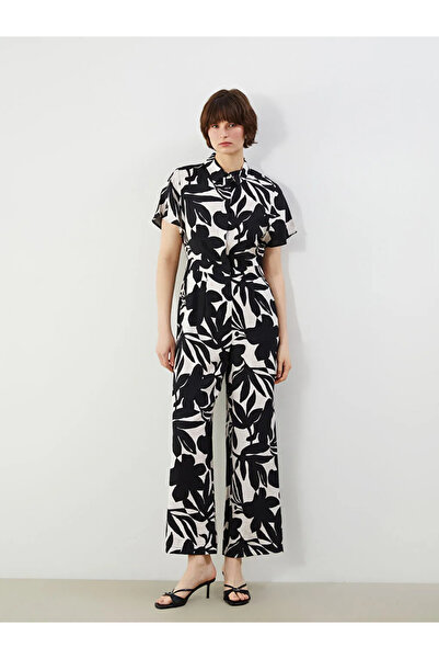 LC Waikiki Black Shirt Collar Floral Women's Jumpsuit