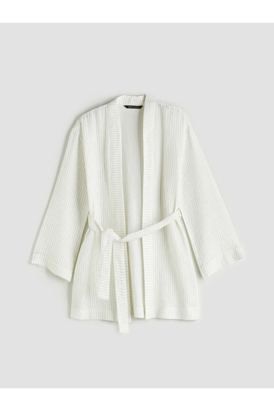 LC Waikiki Shawl Collar Striped Muslin Women's Kimono