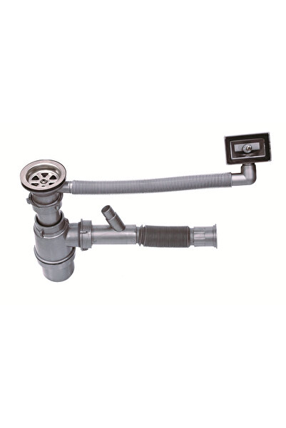 AKKON Lüks Evye Taslı Körüklü Çift Çıkışlı Damlalıklı Lavabo/Evye Sifonu Gider Borusu Geniş Kafa Paslanmaz