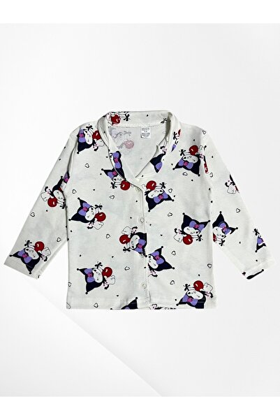 Pajama Shop Girl's 100% Cotton Ecru Color Kuromi Cherry Patterned Shirt Collar Buttoned Pajama Set