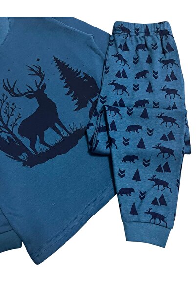 elmas kids Set de pijamale de iarnă cu mânecă lungă pentru băieți, 100% bumbac, cu model de cerb albastru