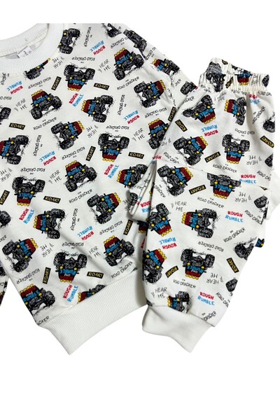 Pajama Shop Boy's 100% Cotton Ecru Monster Cip Patterned Shirt Collar Buttoned Pajama Set