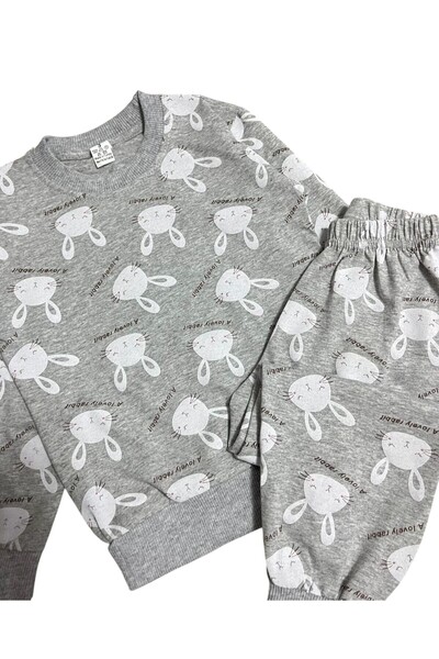 Pajama Shop Girl's Cotton Fabric Gray Color Rabbit Patterned Long Sleeve Winter Pajama Set