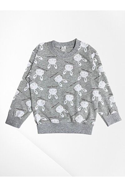 Pajama Shop Girl's Cotton Fabric Gray Color Rabbit Patterned Long Sleeve Winter Pajama Set