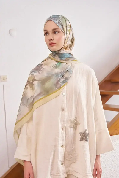 Madame Polo Passionate Solstice Desen Şal - Yağ Yeşili