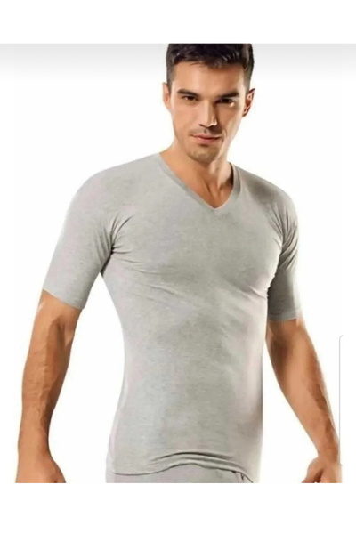 Tutku Men's Ribbed Cotton Short Sleeve V-Neck Underwear 3 Pieces