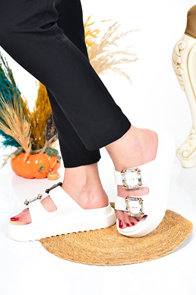 Akınal Bella Beyaz Cilt Gold Toka Çift Bantlı Kadın Terlik