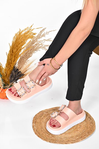 Akınal Bella Beyaz Cilt Gold Toka Çift Bantlı Kadın Terlik