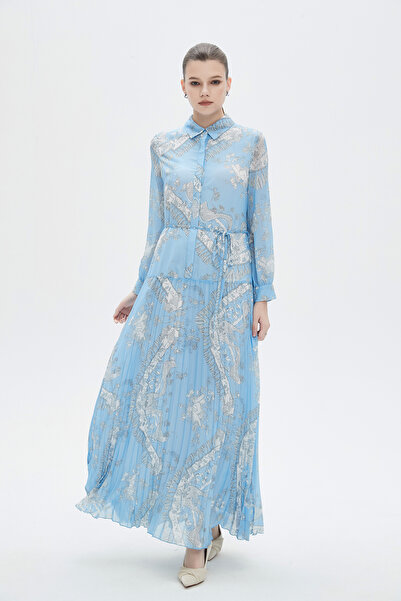 mica Women's Long Pleated Printed Dress with Long Sleeves and Shirt Collar