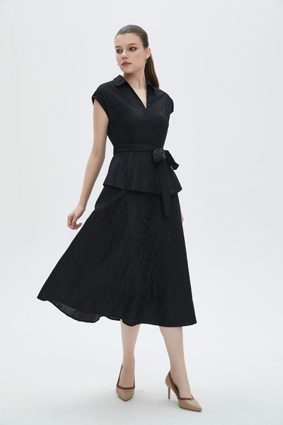 mica Plain Midi Dress with Shirt Collar and Waist Belt