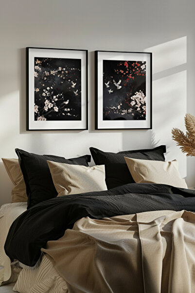 STARYUNA Set de pictură dublă cu flori de păsări cu cadru din lemn negru Yuna398