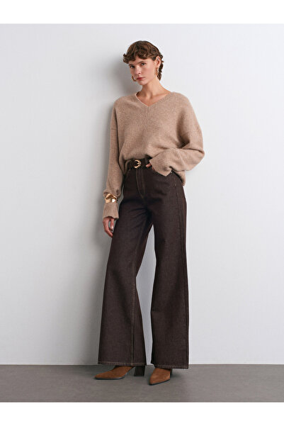 Dilvin 72033 100% Cotton Wide Fit Colorful Denim Trousers-Dark Brown