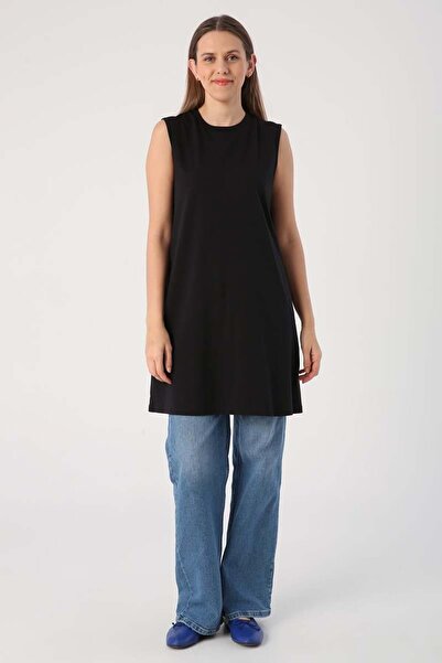 ALLDAY Black-Cotton Collar Sleeveless Tunic