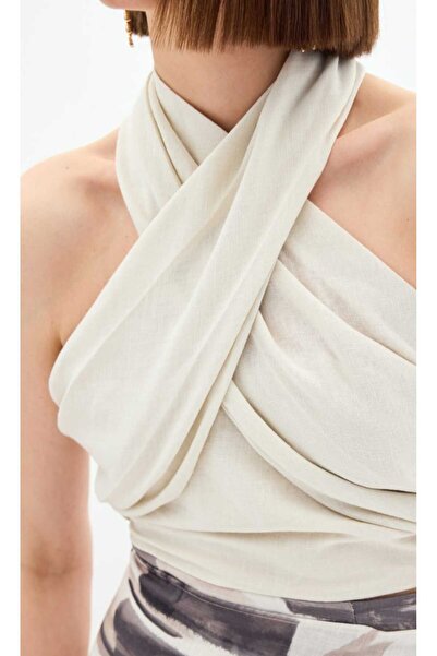 Sateen Halter Yaka Crop Bluz