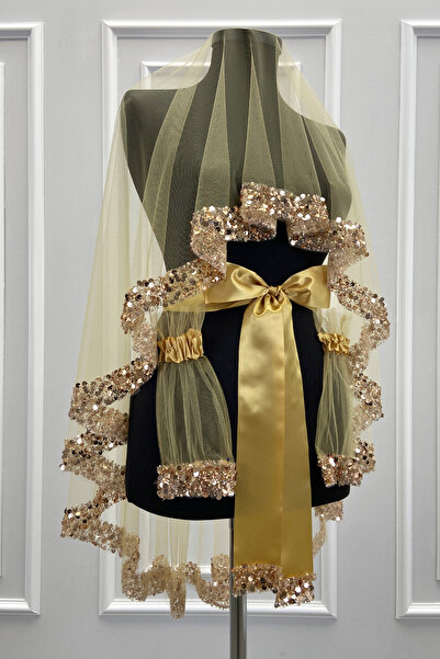 ZEYMERADE Gold Gelin Duvak Seti, Işıl Işıl Kristal Cam Boncuk, İnci ve Pul İş...