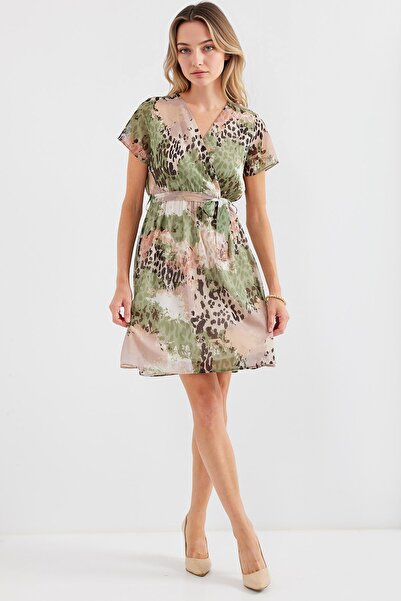 Hiccup Bdart V-Neck Floral Mini Dress with Tie-Up Closure