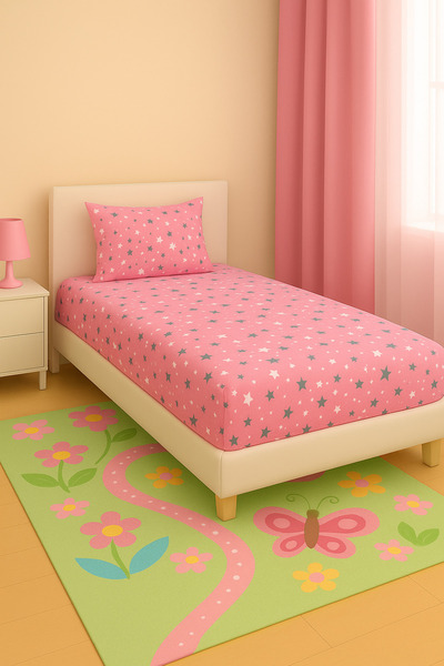 sehra Single Cotton Fitted Sheet + 1 Pillowcase Set Quality Star Child Pattern Set