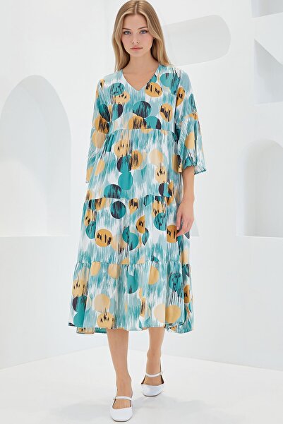 Hiccup Bdart Patterned V-Neck Midi Dress Short Sleeve