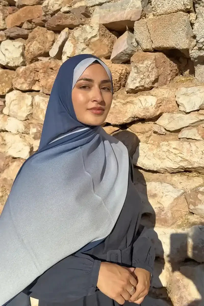 Madame Polo Beyza HURİ Fransız İpeği Degrade Desen Şal - Mavi