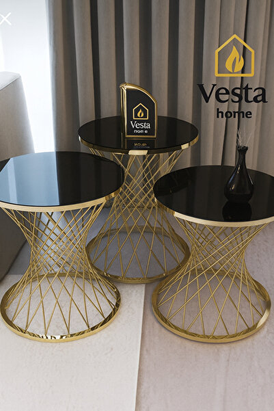 Vesta Home Siyah Cam Hasır Kum Saati Zigon Sehpa Takımı