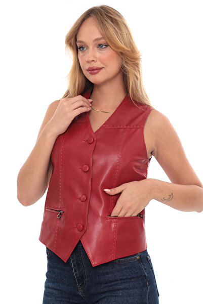 db deriburada original Women's Punto Stitched Buttoned Genuine Leather Vest
