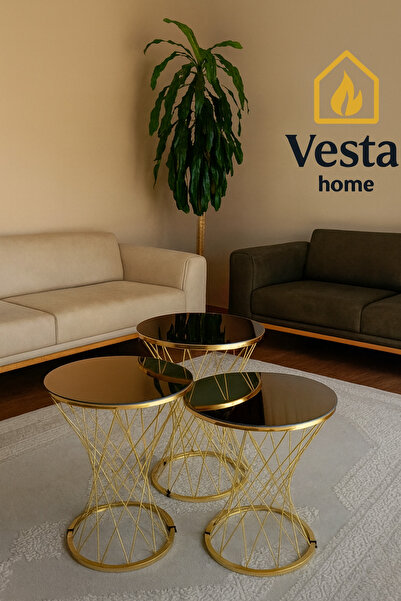 Vesta Home Siyah Cam Hasır Kum Saati Zigon Sehpa Takımı