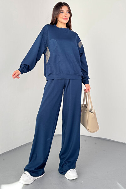 Cappmoda Tkm-13334 Navy Blue Floral Embroidered Modal Fabric Double Set