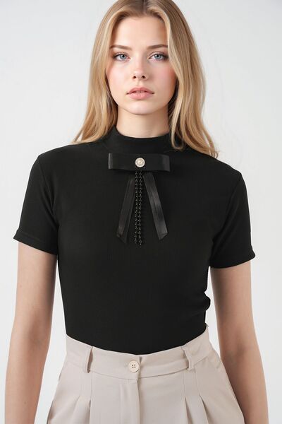 Hiccup Bdart Belted Textured Ribbed Collar Blouse