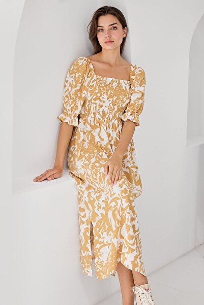 Hiccup Bdart Floral Midi Dress with Square Neckline and Slit