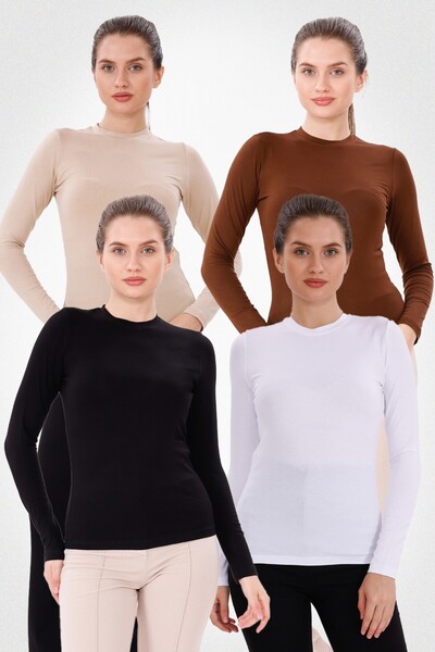 Yade Fashion Kadın Uzun Kollu Bisiklet Yaka Body 4’lü Set – Siyah Beyaz Kahve...