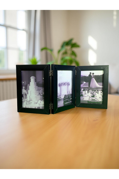 Wooden Factory Desktop 3-Panel Black Photo Frame - 10X15 Foldable Decorative Frame