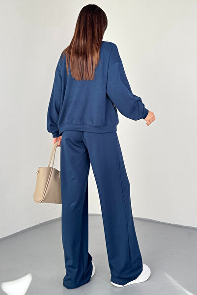 Cappmoda Tkm-13334 Navy Blue Floral Embroidered Modal Fabric Double Set