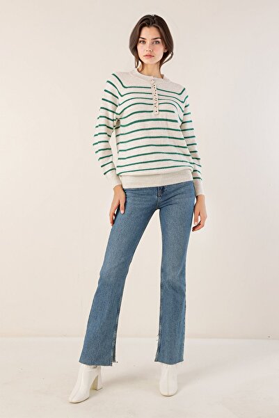 Hiccup Bdart Buttoned Closure Detailed Striped Knit Sweater