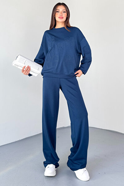 Cappmoda Tkm-13335 Navy Blue Flower Patch Modal Fabric Double Set