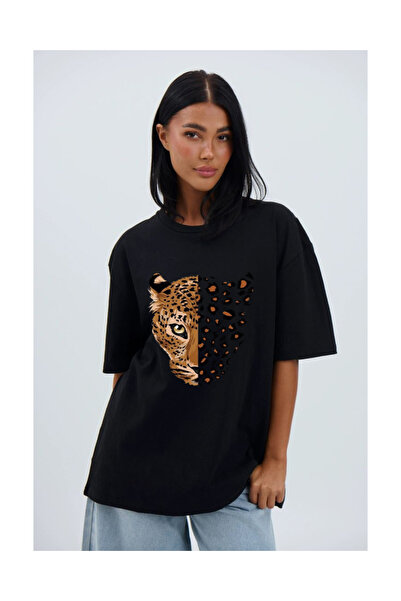 Tubinyoo تي شيرت كبير الحجم مطبوع عليه الفهد للجنسين