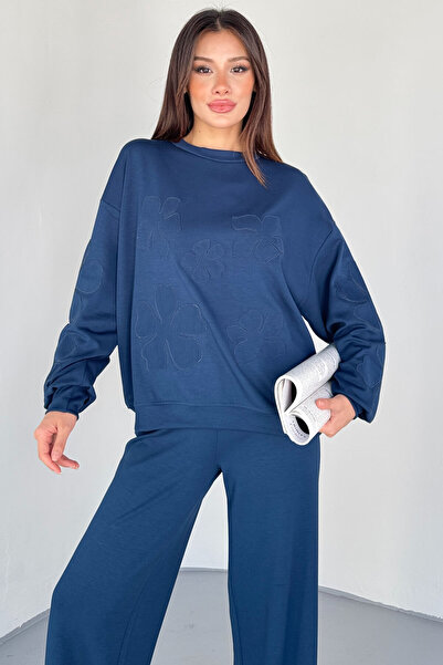 Cappmoda Tkm-13335 Navy Blue Flower Patch Modal Fabric Double Set