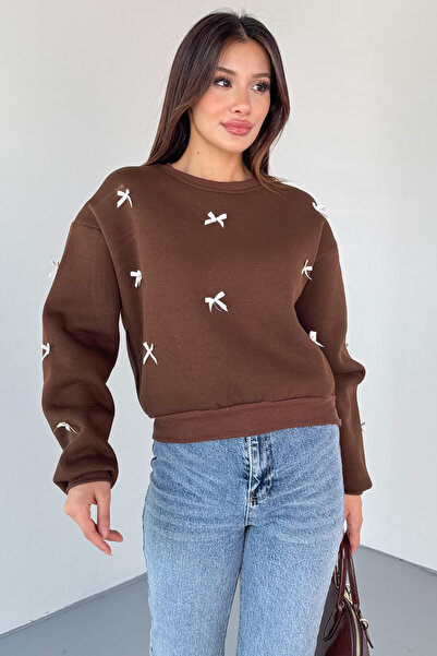 Cappmoda Swt-232 Brown Ribbon Decorated Sweatshirt