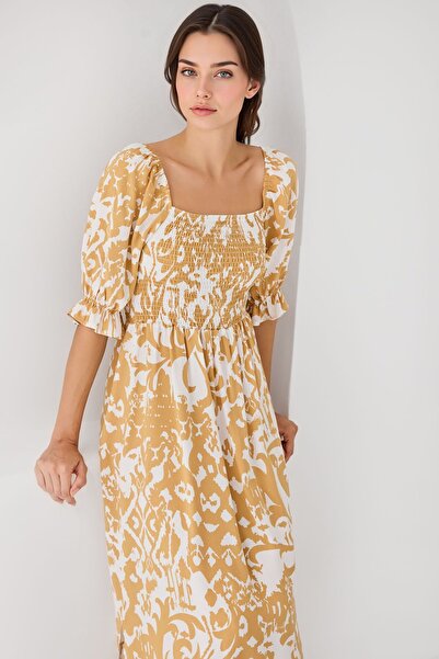 Hiccup Bdart Floral Midi Dress with Square Neckline and Slit