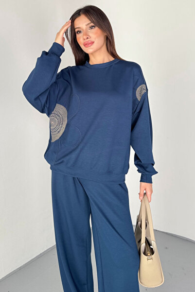 Cappmoda Tkm-13334 Navy Blue Floral Embroidered Modal Fabric Double Set