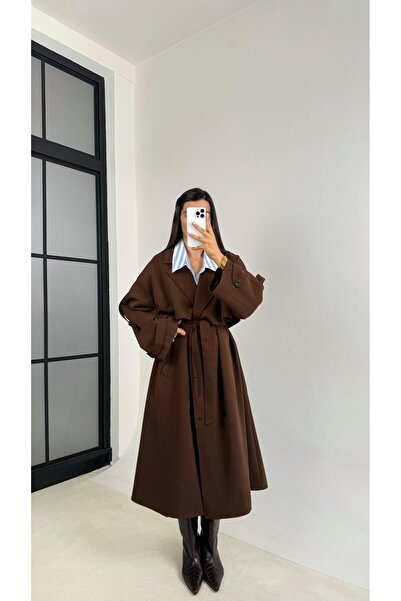 Gaus Kahve Kuşaklı Astarlı Cepli Premium Uzun Trençkot GAUS-00119