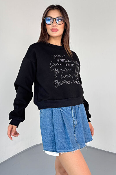 Cappmoda Swt-233 Black Handwritten Stone Embroidered Sweatshirt
