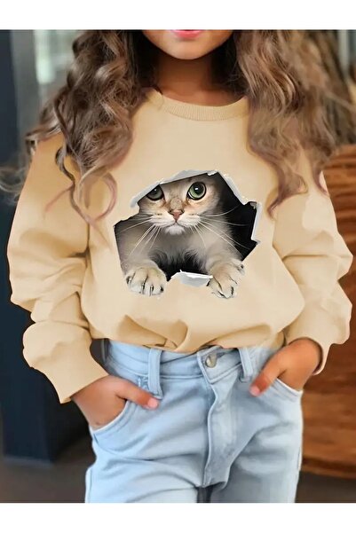 oneagılyazı Зимна суитшърт с качулка, детска с принт на истинско коте