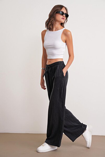 Mixray 4697 Women's Vintage Lace-Up Satin Wide Leg Palazzo Pants Black