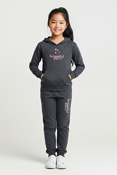 YA KO KİDS Beautiful Printed Girl's Tracksuit Set with Hooded Kangaroo Pocket