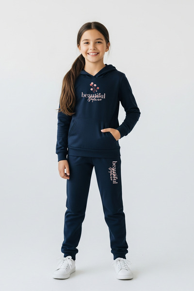 YA KO KİDS Beautiful Printed Girl's Tracksuit Set with Hooded Kangaroo Pocket