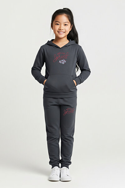 YA KO KİDS Hello Spring Printed Girls Tracksuit Set with Hooded Kangaroo Pockets