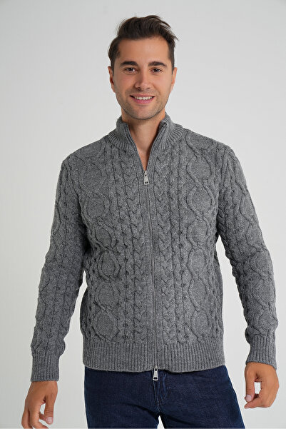 Trist Star Men's Dark Gray Zippered Stand Collar Walking Hair Braided Wool Cardigan Trist-5356