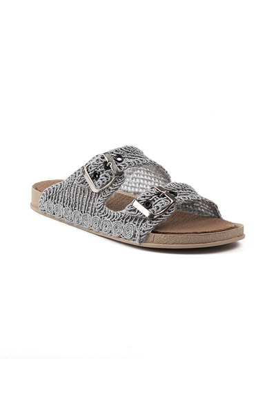 KAJILA Women's Gray Straw Slippers Knitted Lace Embroidered Knitwear Summer Vacation Home Casual Slippers