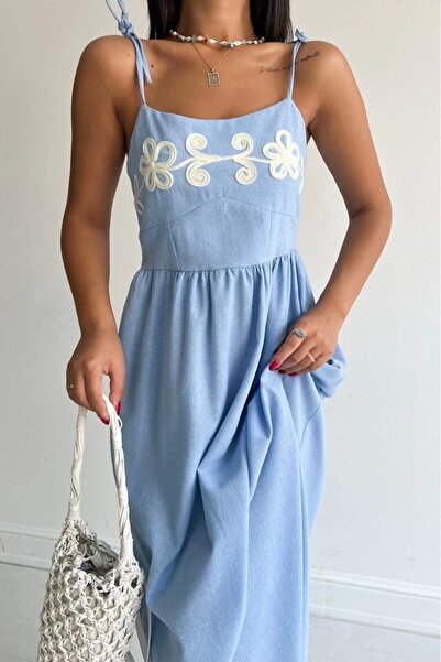 URİS Women's Embroidery Detailed Strap Linen Dress Blue